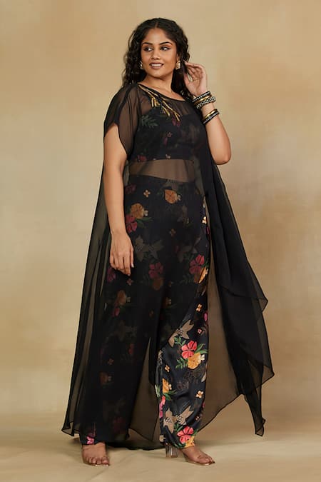 Buy Mamicha Black Satin Beads, Embroidery Sweetheart Neck, Round Sheer Cape With Pant Set Online at Aza Fashions Buy_Mamicha_Black Satin Beads, Embroidery Sweetheart Neck, Round Sheer Cape With Pant Set_Online_at_Aza_Fashions