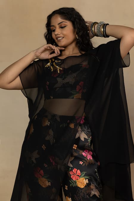 Mamicha Black Satin Beads, Embroidery Sweetheart Neck, Round Sheer Cape With Pant Set at Aza Fashions Mamicha_Black Satin Beads, Embroidery Sweetheart Neck, Round Sheer Cape With Pant Set_at_Aza_Fashions