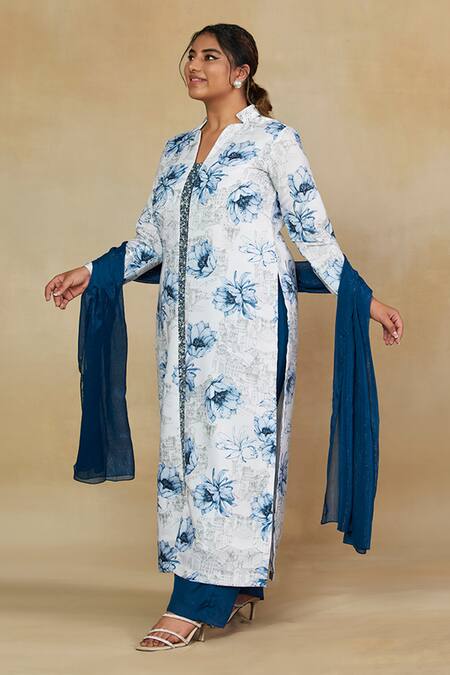 Mamicha_White Sparkle Satin Printed Flower Collared Kurta Pant Set _Online_at_Aza_Fashions
