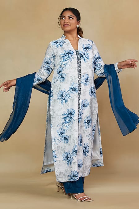 Buy_Mamicha_White Sparkle Satin Printed Flower Collared Kurta Pant Set _Online_at_Aza_Fashions