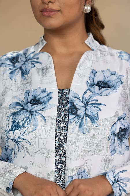 Mamicha_White Sparkle Satin Printed Flower Collared Kurta Pant Set _at_Aza_Fashions
