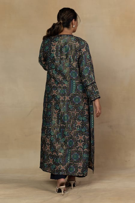 Shop_Mamicha_Blue Italian Crepe Embroidered Floral Shrug Open Print With Kurta Set _at_Aza_Fashions