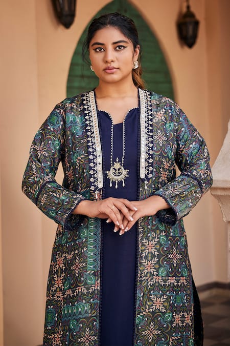 Mamicha_Blue Italian Crepe Embroidered Floral Shrug Open Print With Kurta Set _Online_at_Aza_Fashions