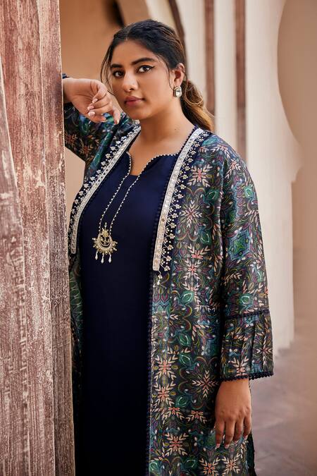 Buy_Mamicha_Blue Italian Crepe Embroidered Floral Shrug Open Print With Kurta Set _Online_at_Aza_Fashions