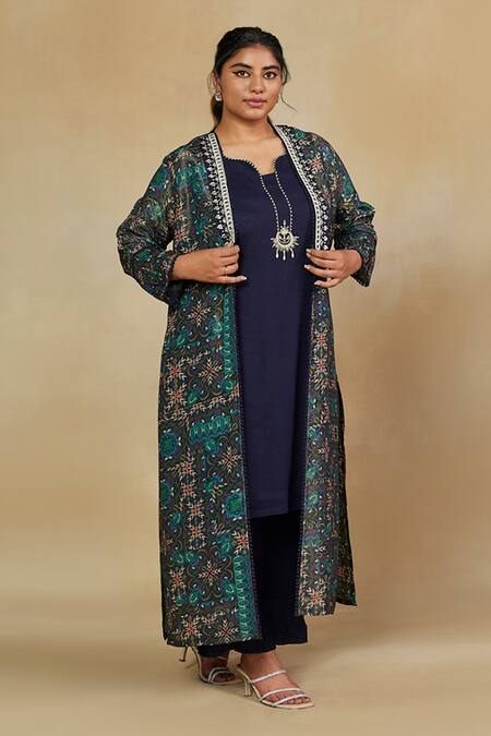 Shop_Mamicha_Blue Italian Crepe Embroidered Floral Shrug Open Print With Kurta Set _Online_at_Aza_Fashions