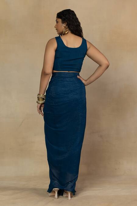 Shop Mamicha Blue Round Neck Teal Embroidered Crop Top And Draped Skirt at Aza Fashions Shop_Mamicha_Blue Round Neck Teal Embroidered Crop Top And Draped Skirt_at_Aza_Fashions