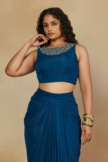 Shop Mamicha Blue Round Neck Teal Embroidered Crop Top And Draped Skirt Online at Aza Fashions Shop_Mamicha_Blue Round Neck Teal Embroidered Crop Top And Draped Skirt_Online_at_Aza_Fashions