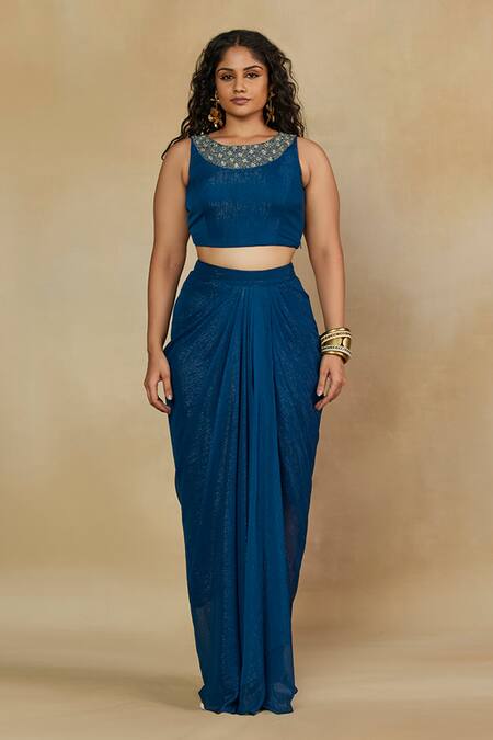 Mamicha Blue Round Neck Teal Embroidered Crop Top And Draped Skirt at Aza Fashions Mamicha_Blue Round Neck Teal Embroidered Crop Top And Draped Skirt_at_Aza_Fashions