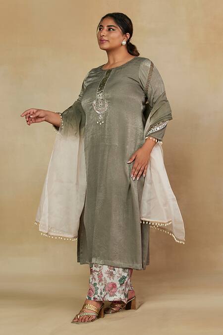 Mamicha_Green Satin, Chiffon Embroidery, Tassels Round Neck Kurt Pant Set_Online_at_Aza_Fashions