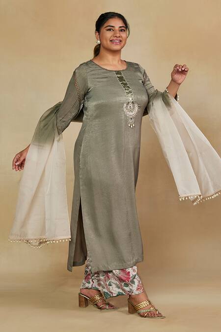 Buy_Mamicha_Green Satin, Chiffon Embroidery, Tassels Round Neck Kurt Pant Set_Online_at_Aza_Fashions