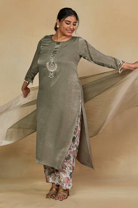 Mamicha_Green Satin, Chiffon Embroidery, Tassels Round Neck Kurt Pant Set_at_Aza_Fashions