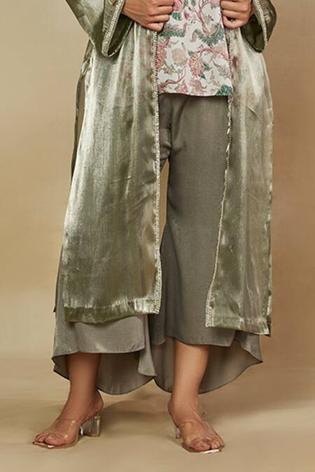 Mamicha_Green Modal Mirrors, Embroidery Round Printed Short Kurta Set With Work Shrug_Online_at_Aza_Fashions