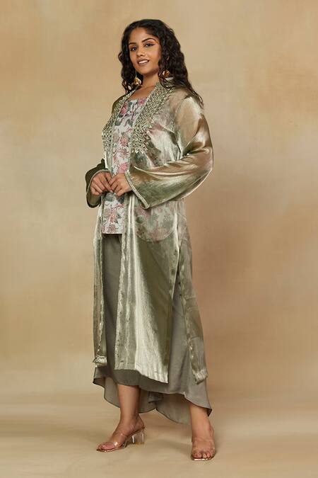 Buy_Mamicha_Green Modal Mirrors, Embroidery Round Printed Short Kurta Set With Work Shrug_Online_at_Aza_Fashions