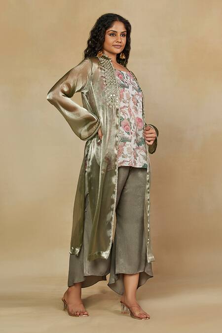 Shop_Mamicha_Green Modal Mirrors, Embroidery Round Printed Short Kurta Set With Work Shrug_Online_at_Aza_Fashions