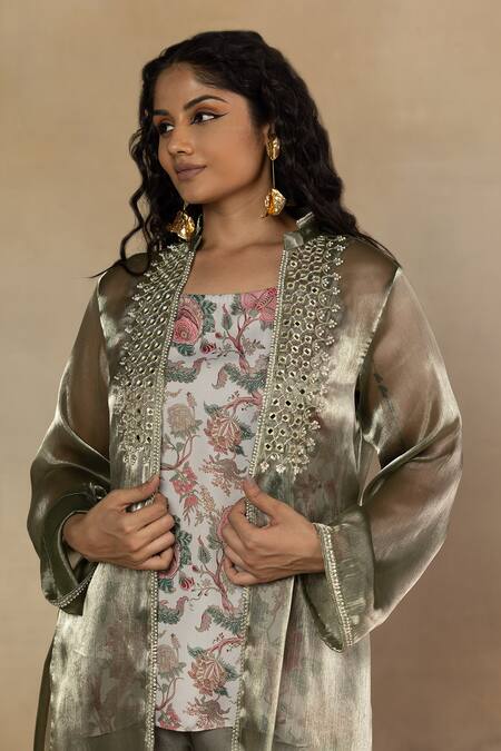 Mamicha_Green Modal Mirrors, Embroidery Round Printed Short Kurta Set With Work Shrug_at_Aza_Fashions
