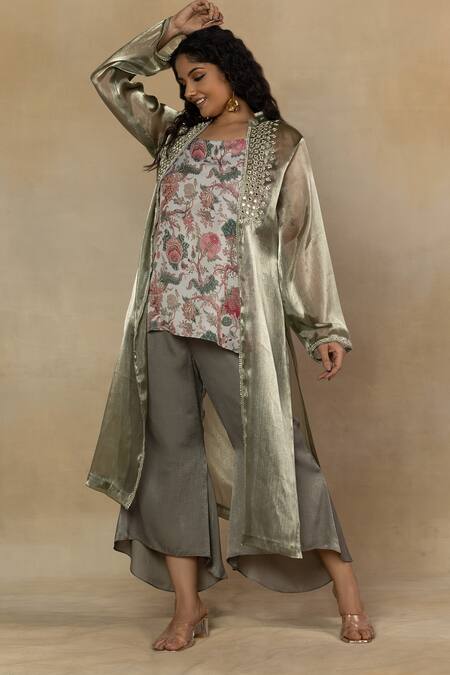 Buy_Mamicha_Green Modal Mirrors, Embroidery Round Printed Short Kurta Set With Work Shrug