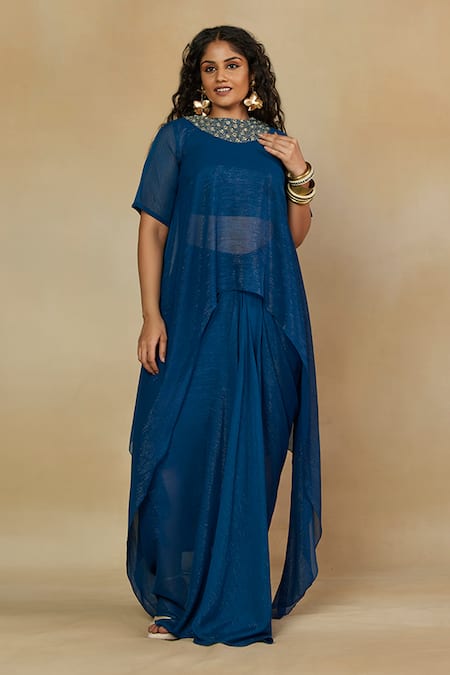 Mamicha Blue Flat Shimmer Chiffon Embroidered Mirror Cape And Asymmetric With Skirt Set 