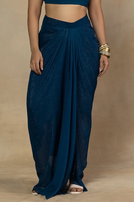 Mamicha_Blue Chiffon Embroidery Round Neck Asymmetric Cape With Skirt Set_Online_at_Aza_Fashions