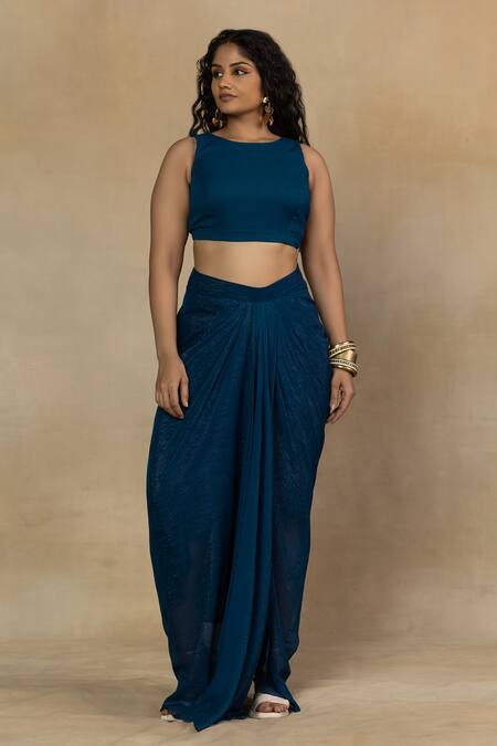 Buy_Mamicha_Blue Chiffon Embroidery Round Neck Asymmetric Cape With Skirt Set_Online_at_Aza_Fashions
