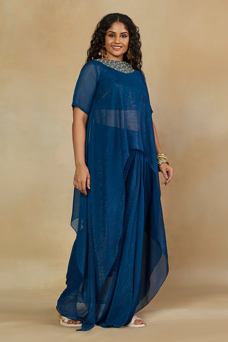 Mamicha_Blue Chiffon Embroidery Round Neck Asymmetric Cape With Skirt Set_at_Aza_Fashions