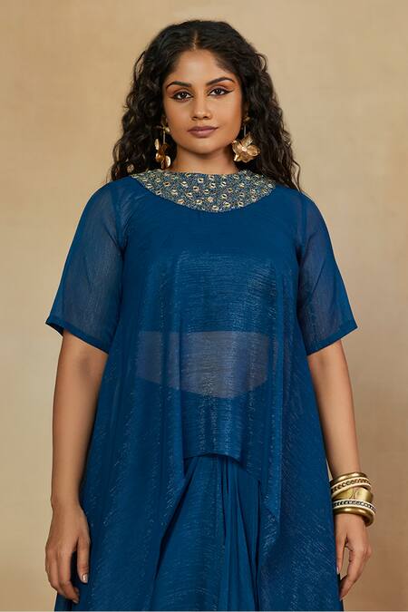 Buy_Mamicha_Blue Chiffon Embroidery Round Neck Asymmetric Cape With Skirt Set