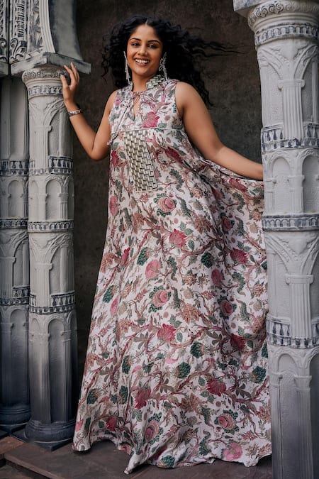 Mamicha Botanical Print Asymmetric Gown 