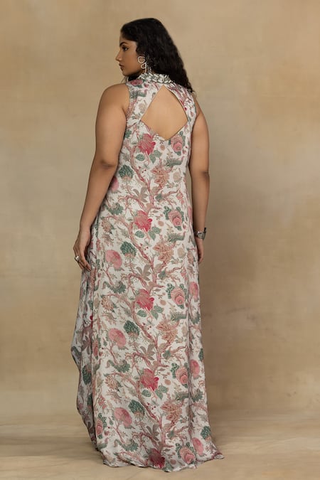 Shop_Mamicha_Ivory Amira Modal Printed Botanical Mandarin Collar Asymmetric Gown _at_Aza_Fashions