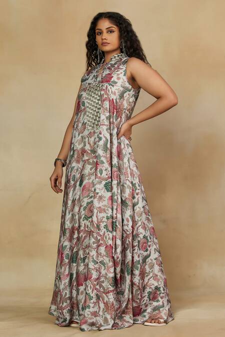 Mamicha_Ivory Amira Modal Printed Botanical Mandarin Collar Asymmetric Gown _Online_at_Aza_Fashions
