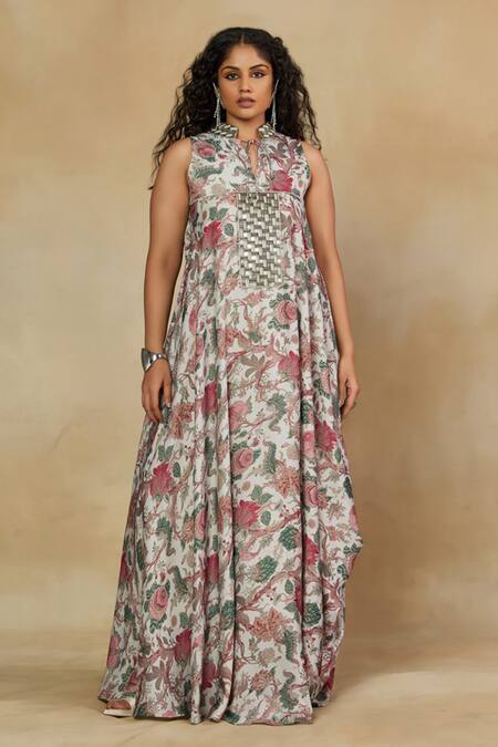 Shop_Mamicha_Ivory Amira Modal Printed Botanical Mandarin Collar Asymmetric Gown _Online_at_Aza_Fashions