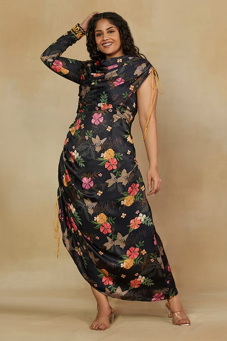 Mamicha_Black California Satin Printed Floral Cowl Neck Asymmetric Dress _Online_at_Aza_Fashions