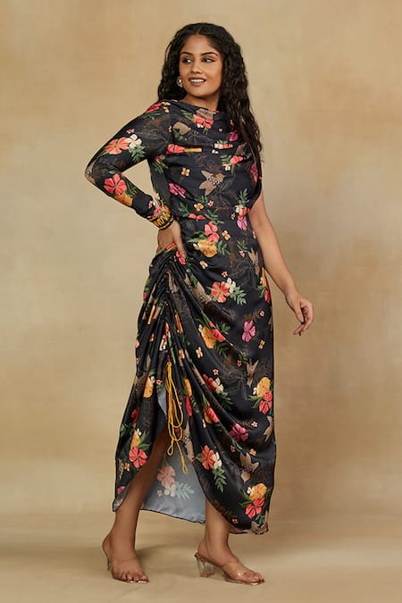 Buy_Mamicha_Black California Satin Printed Floral Cowl Neck Asymmetric Dress _Online_at_Aza_Fashions