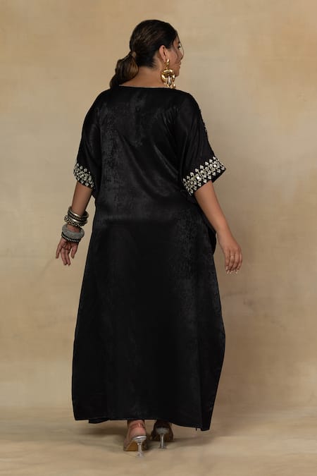 Shop_Mamicha_Black Space Satin Embroidered Mirror V Neck Kaftan Dress _at_Aza_Fashions