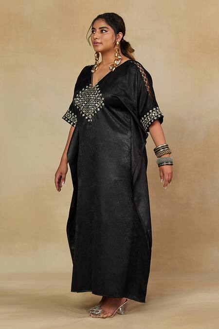 Mamicha_Black Space Satin Embroidered Mirror V Neck Kaftan Dress _Online_at_Aza_Fashions