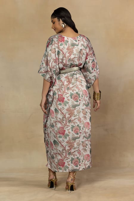 Shop_Mamicha_Ivory Amira Modal Printed Floral V Neck Kaftan Dress _at_Aza_Fashions