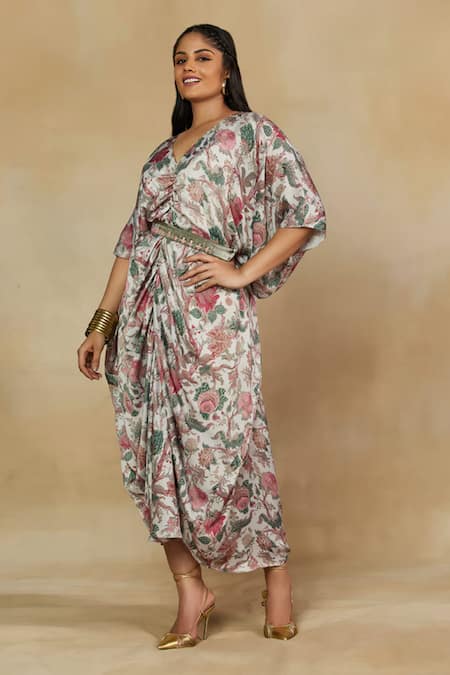 Mamicha_Ivory Amira Modal Printed Floral V Neck Kaftan Dress _Online_at_Aza_Fashions