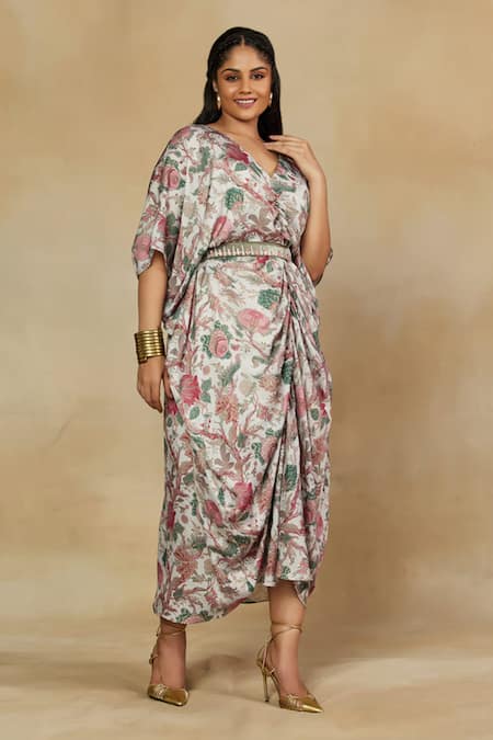 Shop_Mamicha_Ivory Amira Modal Printed Floral V Neck Kaftan Dress _Online_at_Aza_Fashions