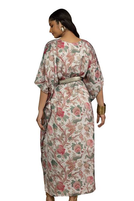 Buy_Mamicha_Ivory Amira Modal Printed Floral V Neck Kaftan Dress 