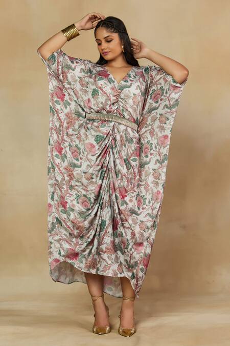 Shop_Mamicha_Ivory Amira Modal Printed Floral V Neck Kaftan Dress 