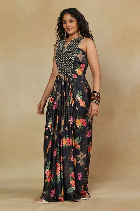 Mamicha Black Satin Embroidery, Mirrors Round Neck Front Maxi Dress Online at Aza Fashions Mamicha_Black Satin Embroidery, Mirrors Round Neck Front Maxi Dress_Online_at_Aza_Fashions