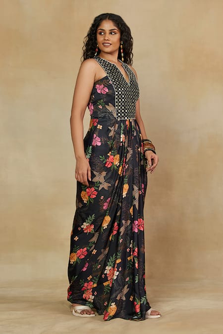 Buy Mamicha Black Satin Embroidery, Mirrors Round Neck Front Maxi Dress Online at Aza Fashions Buy_Mamicha_Black Satin Embroidery, Mirrors Round Neck Front Maxi Dress_Online_at_Aza_Fashions