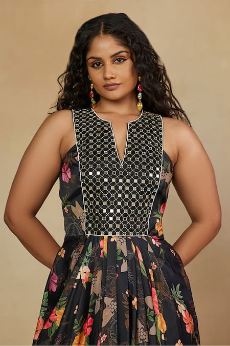 Shop Mamicha Black Satin Embroidery, Mirrors Round Neck Front Maxi Dress Online at Aza Fashions Shop_Mamicha_Black Satin Embroidery, Mirrors Round Neck Front Maxi Dress_Online_at_Aza_Fashions