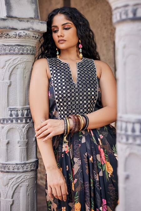 Mamicha Black Satin Embroidery, Mirrors Round Neck Front Maxi Dress at Aza Fashions Mamicha_Black Satin Embroidery, Mirrors Round Neck Front Maxi Dress_at_Aza_Fashions