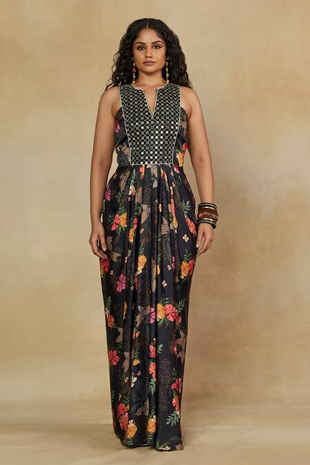 Buy Mamicha Black Satin Embroidery, Mirrors Round Neck Front Maxi Dress Buy_Mamicha_Black Satin Embroidery, Mirrors Round Neck Front Maxi Dress