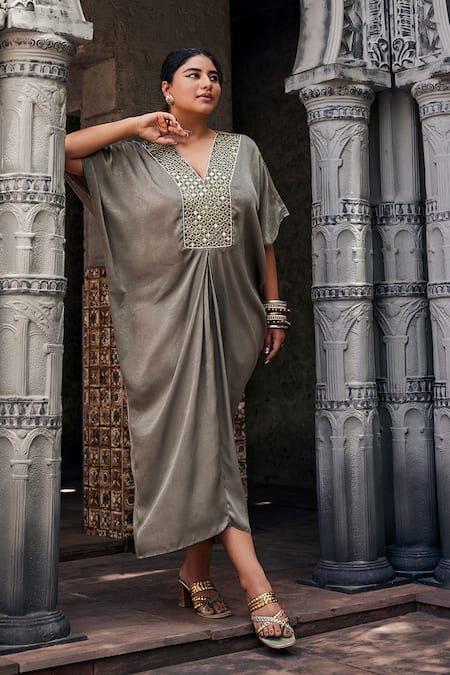 Mamicha Green Apricot Satin Embroidered Mirror V Neck Front Kaftan Dress 