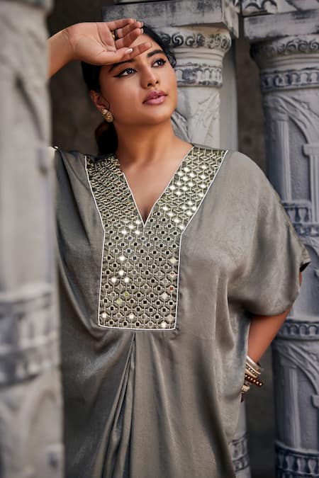 Mamicha_Green Apricot Satin Embroidered Mirror V Neck Front Kaftan Dress _Online_at_Aza_Fashions