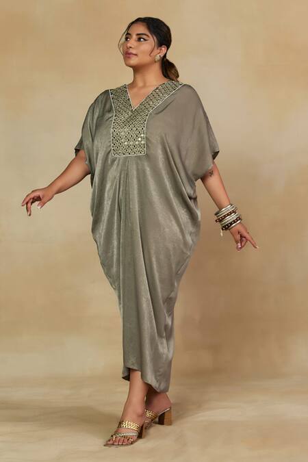 Buy_Mamicha_Green Apricot Satin Embroidered Mirror V Neck Front Kaftan Dress _Online_at_Aza_Fashions
