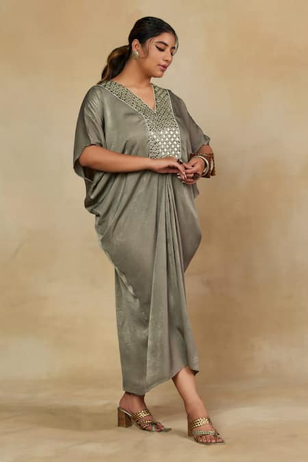 Shop_Mamicha_Green Apricot Satin Embroidered Mirror V Neck Front Kaftan Dress _Online_at_Aza_Fashions