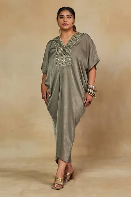 Mamicha_Green Apricot Satin Embroidered Mirror V Neck Front Kaftan Dress _at_Aza_Fashions