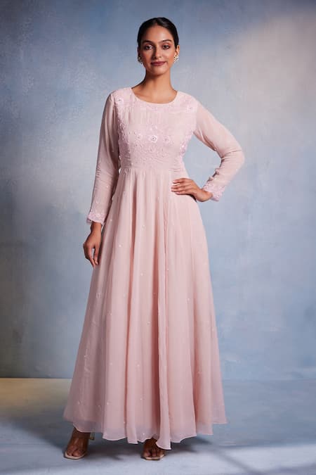 Muditaa By Urmila Pink Organza Hand Embroidery Floral Round Aamani Anarkali 