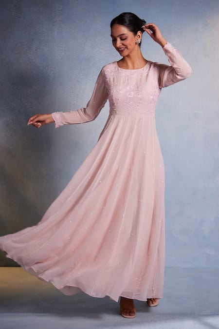 Shop Muditaa By Urmila Pink Organza Embroidery Round Neck Aamani Floral Hand Anarkali at Aza Fashions Shop_Muditaa By Urmila_Pink Organza Embroidery Round Neck Aamani Floral Hand Anarkali _at_Aza_Fashions